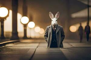 a rabbit wearing a suit and tie stands in the middle of a street. AI-Generated photo