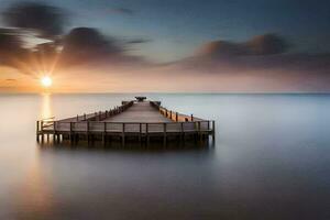 un largo exposición fotografía de un muelle en el océano. generado por ai foto