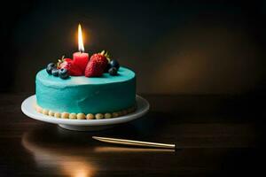 blue birthday cake with berries and a candle. AI-Generated photo