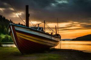 a boat sits on the shore at sunset. AI-Generated photo