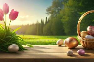 easter eggs in a basket on a table with tulips. AI-Generated photo