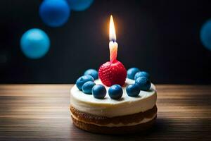 birthday cake with a single candle on a wooden table. AI-Generated photo