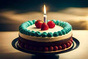 a birthday cake with a single candle on top. AI-Generated photo