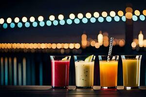 four glasses of juice on a table with a city skyline in the background. AI-Generated photo