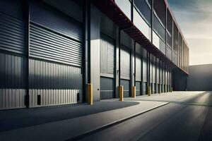 a warehouse with a large door and a yellow pole. AI-Generated photo