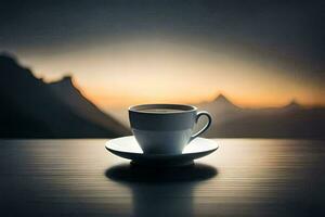 coffee cup on a table with mountains in the background. AI-Generated photo