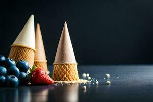 ice cream cones with berries and strawberries on a dark background. AI-Generated photo