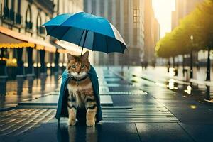 a cat in a raincoat with an umbrella. AI-Generated photo