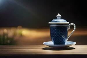 a blue and white cup and saucer on a wooden table. AI-Generated photo