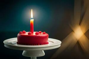 un rojo cumpleaños pastel con un soltero vela. generado por ai foto