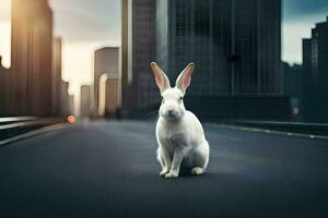 white rabbit sitting on the road in front of tall buildings. AI-Generated photo