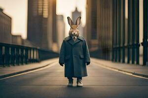 a rabbit wearing a coat and tie standing on a street. AI-Generated photo