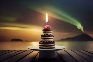 a cake with a candle on top of a table. AI-Generated photo