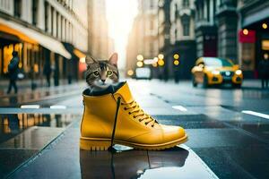 un gato sentado en un amarillo lluvia bota. generado por ai foto