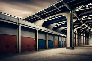 a long empty warehouse with a sky background. AI-Generated photo