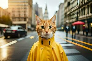 un gato vistiendo un amarillo impermeable en el calle. generado por ai foto