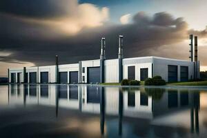 a large industrial building with a lake in front of it. AI-Generated photo