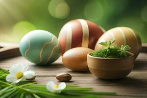 Pascua de Resurrección huevos y flores en un de madera mesa. generado por ai foto