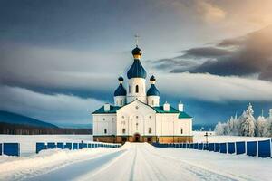 un Iglesia en el nieve con azul cúpulas generado por ai foto