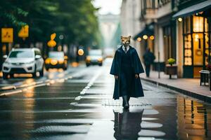 a fox in a coat walking down a street. AI-Generated photo