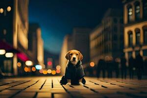 a dog in a coat standing on a street at night. AI-Generated photo