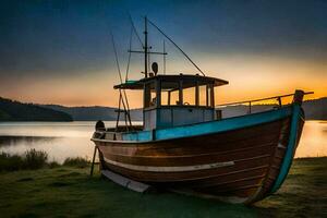 a boat sits on the shore at sunset. AI-Generated photo