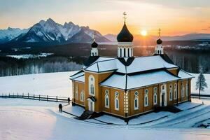 a church in the snow with mountains in the background. AI-Generated photo