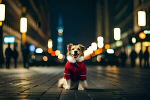 a dog wearing a red jacket standing on a street at night. AI-Generated photo