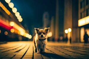 a small dog is standing on a brick road at night. AI-Generated photo