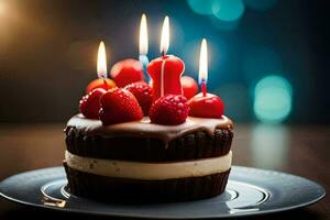 a chocolate birthday cake with candles on it. AI-Generated photo