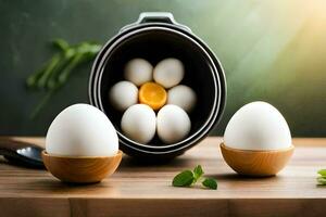 eggs in a bowl and a pan. AI-Generated photo