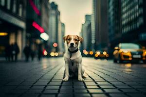 a dog sitting on the street in the city. AI-Generated photo