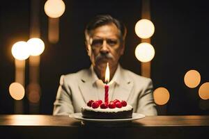 a man in a suit is holding a cake with a candle on it. AI-Generated photo