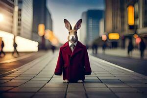 un Conejo vistiendo un rojo Saco y Corbata en pie en un ciudad calle. generado por ai foto