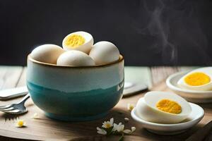 hard boiled eggs in a bowl on a table. AI-Generated photo