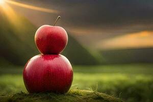 two apples stacked on top of each other in a field. AI-Generated photo