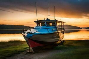 a boat sits on the shore at sunset. AI-Generated photo