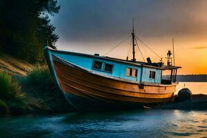 a boat sits on the shore at sunset. AI-Generated photo