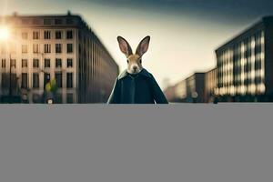 a rabbit in a coat is standing in the middle of a city. AI-Generated photo