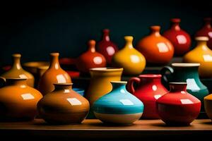 colorful vases on a shelf. AI-Generated photo