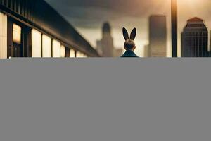 a man wearing a rabbit ears hat stands on a train platform. AI-Generated photo