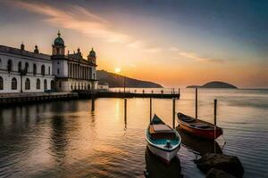 boats docked at the shore of a lake at sunset. AI-Generated photo