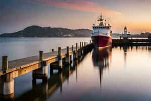 a red boat docked at a pier in the water. AI-Generated photo