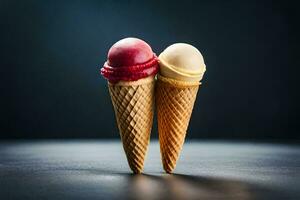 two ice cream cones with different colors on a dark background. AI-Generated photo