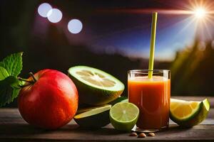 un vaso de jugo con un manzana, Lima y un naranja. generado por ai foto