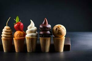 different types of ice cream in cones. AI-Generated photo