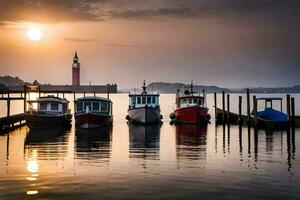 barcos atracado a el muelle en el puesta de sol. generado por ai foto