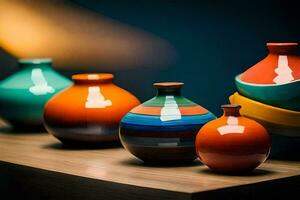 a row of colorful vases on a table. AI-Generated photo