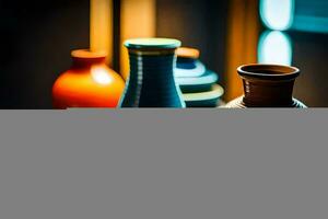 a group of colorful vases sitting on a table. AI-Generated photo