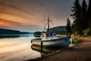 a boat sits on the shore of a lake at sunset. AI-Generated photo